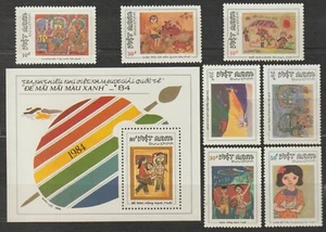 1988 Vietnam Stamps & Souvenir Sheet Children's Paintings Sc # 1872-1879 MNH - Picture 1 of 1