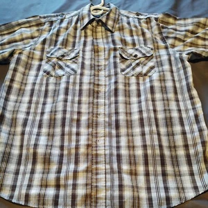 Beverly Hills Men Button Up Shirt L Brown Plaid Short Sleeve Front Pocket - Picture 1 of 6