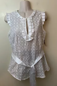 Inc. Blouse Women's Size 12P White Eyelet Lace Ruffled Neck Sash Sleeveless NWT - Picture 1 of 5