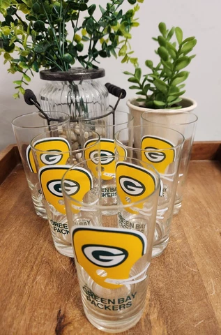 6 Vintage Green Bay Packers Glass Tumblers Glasses Double Bar Helmet 5½" 12oz Cover