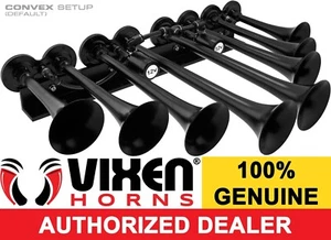 VIXEN HORNS TRAIN AIR HORN 8 TRUMPETS BLACK FOR TRUCK/CAR/SUV LOUD SOUND DB 12V - Foto 1 di 11