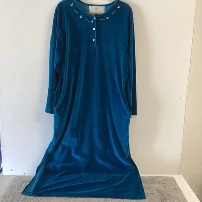 Vintage Stan Herman size Med.Women’s  Dark Teal Blue Velour Velvet  Gown/ Robe - Image 1 of 4