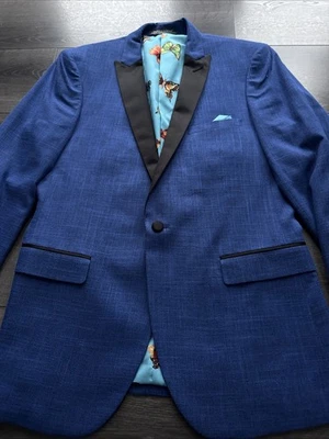 Chaqueta Blazer Azul Calce Ajustado Paisley y Gris Para Hombre 38R Foto 1 de 4