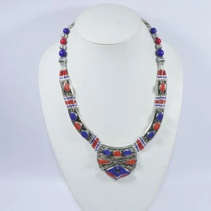 Tibetan Natural Lapis & Coral Handmade Stunning Lapis nice Necklace / Size 18" - Picture 1 of 3
