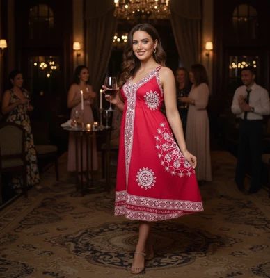 Women Handkerchief Maxi Red Mandala Print Adjustabl Strap Scarf Dress 37x37 inch - Image 1 of 4