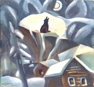 Vintage, Expressionist Chudinovskikh - Wolf heulte den Mond an - Acryl/Papier - Bild 1 von 3