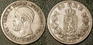 Norvège - Règne suèdois - Oscar II - 50 ore argent 1877 TTB Kongsberg ! KM#356 - Foto 1 di 1