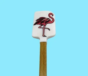 Silicone Spatula Flamingo Measurement Converter White Pink Wood Handle - Picture 1 of 6