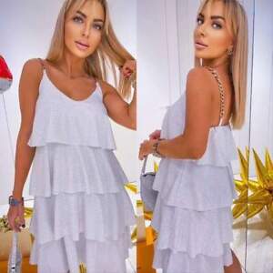 Ladies Frilly Flouncy Shiny Summer Dress White Made in Italy One Size 8-10 UK SM