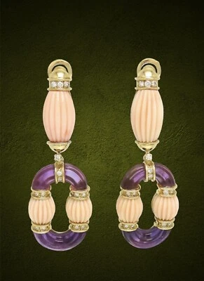 Pendientes Van Cleef & Arpels Paris Acanalados Amatista Coral Diamantes Oro Circa 1970 Foto 1 de 4