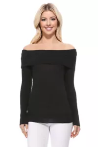 Yemak Women's Long Sleeve Fold Over Off Shoulder Top MK3598 - Picture 1 of 11