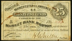 CONCORD, MANCHESTER & LAWRENCE RAILROAD    25C   1862...LaFOND  NOTES 3 EXAMPLES - Picture 1 of 2