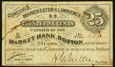 CONCORD, MANCHESTER & LAWRENCE RAILROAD    25C   1862...LaFOND  NOTES 3 EXAMPLES - Image 1 of 2