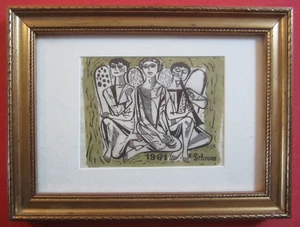 Orig. Holzschnitt Ernst Schrom musizierende Engel Fantasie Sgraffiti Wien 1961 - Imagen 1 de 11