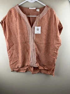 House of Harlow 1960 Stil 100 % Leinen bestickt Flügelärmel Top orange Medium - Bild 1 von 12