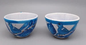 A.M. Suarez Tonala Jalisco Mexico Clay Glazed Crackle Pottery Blue Bird Cups set - Picture 1 of 9