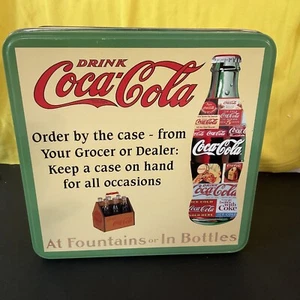 DRINK COCA COLA Square TIN METAL Yellow, Green " At Fountain or In Bottlles" - Picture 1 of 4