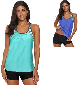 Women Multi Strap Racerback Floral Print 2 Piece Tankini Swimsuit Swim Wear Set - Picture 1 of 9