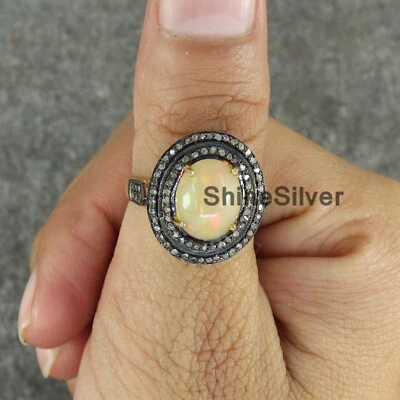 Natural Fire Opal Gold Plated Fine Silver Pave Diamond Oval Band Ring US 7.75 - Image 1 of 4