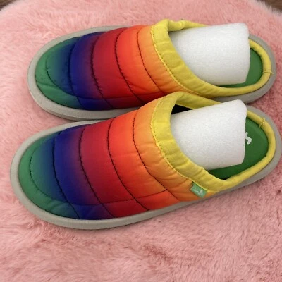 Sanuk Lil Puffer Rainbow Mulitcolor Slip On Mules Shoes Kids Youth Size 5 NEW - Image 1 of 4