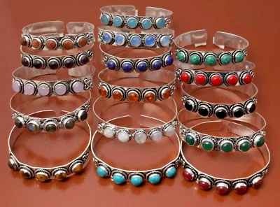 Coral & Mix Gemstone Handmade Adjustable Cuff Bangles 925 Silver Plated Jewelry - Image 1 of 4