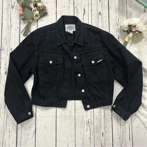 jordache vintage black crop embroidered textured denim jacket size Large women - Picture 1 of 3