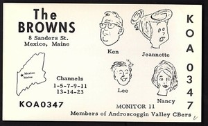 QSL QSO RADIO CARD "The Browns/Ken/Jeannette/Lee/Nancy",Mexico, Maine (Q2042)