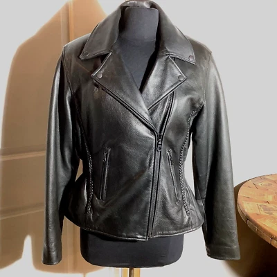 Chaqueta de cuero negra para motocicleta - Ajustada - Forro acolchado - Galería de cuero - Grande Foto 1 de 4