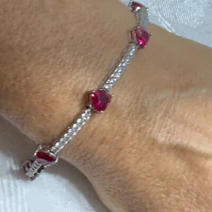 Armband BR SONNE versilbert rosa Herzen 7,5" Liebe klare Strasssteine Tennis - Bild 1 von 9