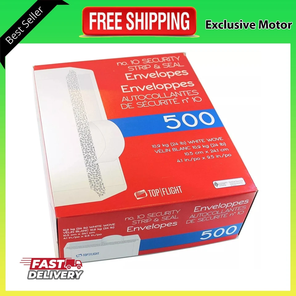500 Top Flight #10 White Letter Envelopes,Security Strip & Seal,4.1x9.5 in - Image 1 of 1