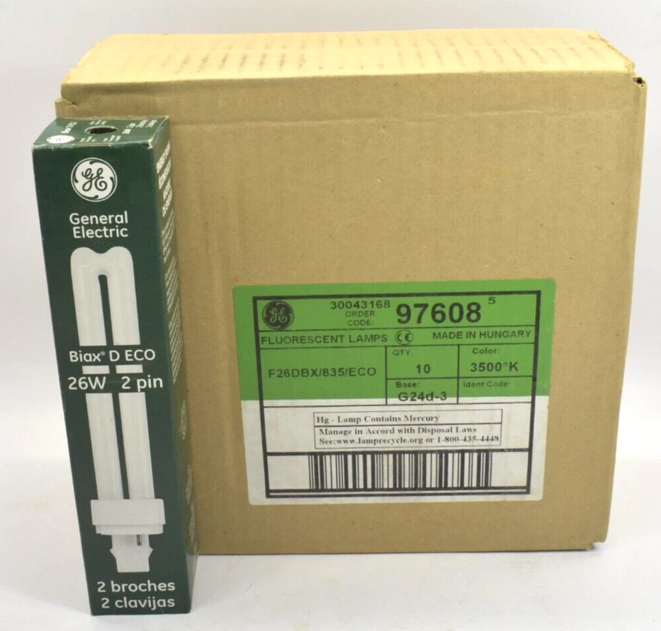 10 Pack of GE Biax D ECO 26W 2 Pin CFL Light Bulb 97608 F26DBX/835/ECO G24D-3 - Image 1 of 4