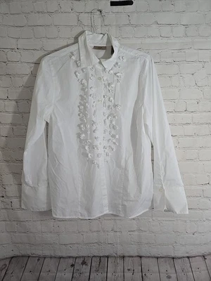 Whimsical floral white cotton button Up Blouse  Sz 18W Embolished Ruffle flowers - Image 1 of 4
