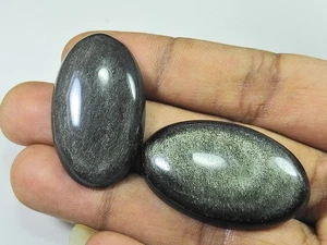 37-39MM Top Silver Obsidian Oval Stone 2Pcs Cabochon Loose Gemstone 88Cts. G542 - Picture 1 of 9