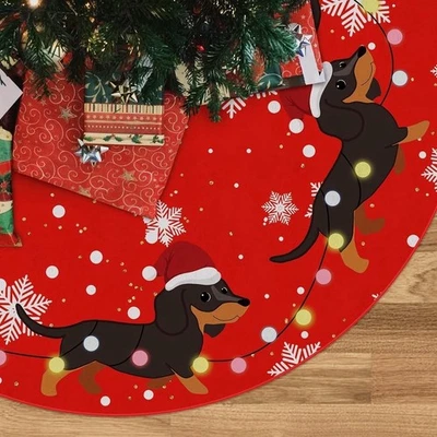 Dachshund Doxie Christmas Tree Skirt Dog Santa Hat Funny Tree Mat Red 48 inch - Image 1 of 4