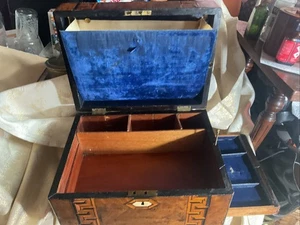 Victorian Walnut &Tunbridge Ware Inlay Jewellery Box With Sliding Draw,few Chips - Picture 1 of 24