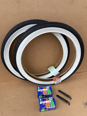 Pair 20 x 2.125 Bike Black/White Wall Tires DURO Fat BMX Cruiser Brick Lowrider - Image 1 of 4