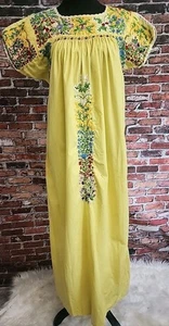 MEXICAN OAXACAN Dress YELLOW MULTI COLORED EMBROIDERED VINTAGE SM Mrs Roper - Picture 1 of 15