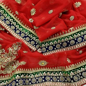 Vintage Heavy Bridal Red Dupatta Net Mesh Long Stole Hand Embroidered Scarves - Picture 1 of 22