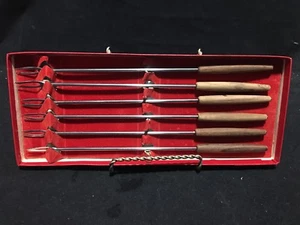 Forchette per Fonduta Teak Acciaio Inox Set 6 Spiedini Manici Legno Punte Colorate - Foto 1 di 3