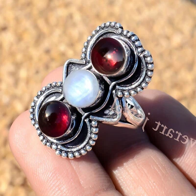 Piedra lunar arco iris genuina y granate rojo plata de ley 925 regalo para el día del padre Foto 1 de 4