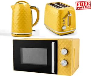 Passender gelber stilvoller Wasserkocher in Rautenoptik 2 Schlitze Toaster & 700 W Mikrowelle UK - Bild 1 von 5