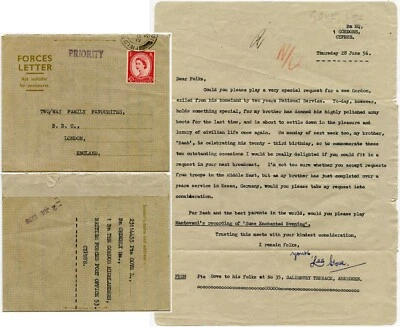 CYPRUS GB FORCES LETTER AIRMAIL WEE GORDONS 1958 - Image 1 of 2