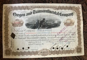 1800s Oregon & Transcontinental Co Stock Certificate original signature. Brown. - Picture 1 of 2