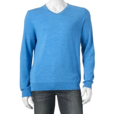 V-Neck Pullover Sweater Classic Fit Merino Wool Blend Long Sleeve Blue S XL 2XL - Image 1 of 4