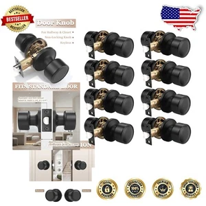 8-Pack Black Stainless Steel Passage Door Knobs - Keyless & Adjustable Design - Picture 1 of 8