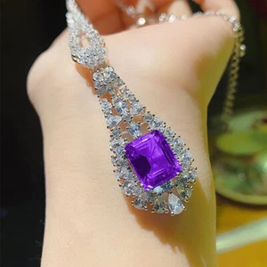 New Retangle Flower Purple Amethyst Gems Silver Women Charming Necklace Pendants - Picture 1 of 9