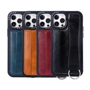 For iPhone 11 Pro Max/13/14/15/12 Luxury Leather Slot Wrist Strap Hard Cover - Picture 1 of 21