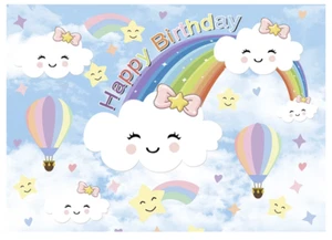 RAINBOW SKY HAPPY CLOUDS STARS AIRBALLOON BIRTHDAY PARTY BANNER DECORATION - Picture 1 of 4