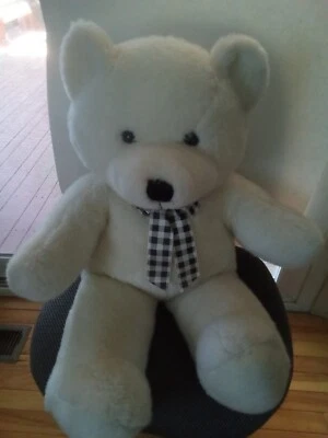 Fiesta Concessions White Teddy Bear 1991 #2043 Plush Black White Checked Bow 30" - Image 1 of 4