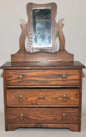 ANTIQUE SALESMAN SAMPLE DRESSER/BUREAU WITH SWIVEL MIRROR. All original Cover